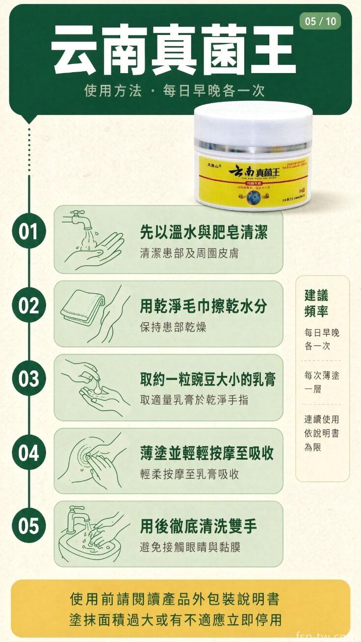雲南真菌王-使用方法 · 每日早晚各一次